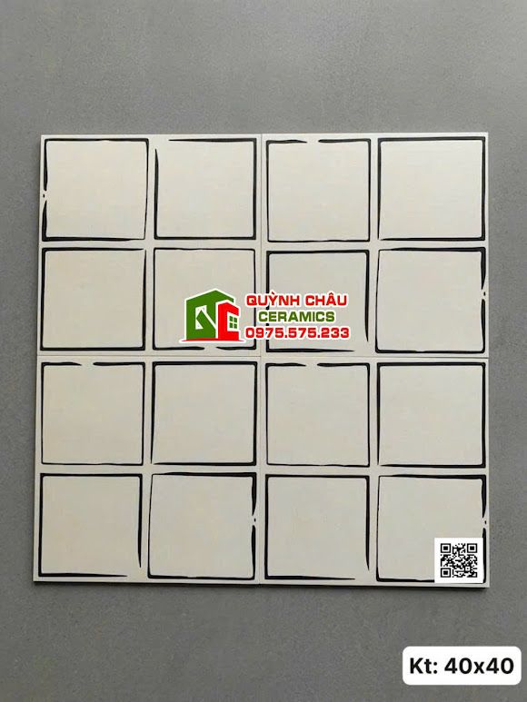 Gạch bông 40x40 hoạ tiết ô vuông trắng kem viền đen            