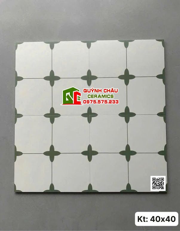 Gạch bông 40x40 nền trắng cánh hoa màu xanh rêu           