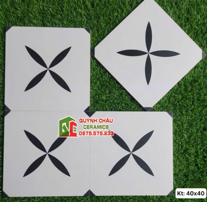 Gạch bông 40x40cm nền trắng cánh hoa đen tối giản            