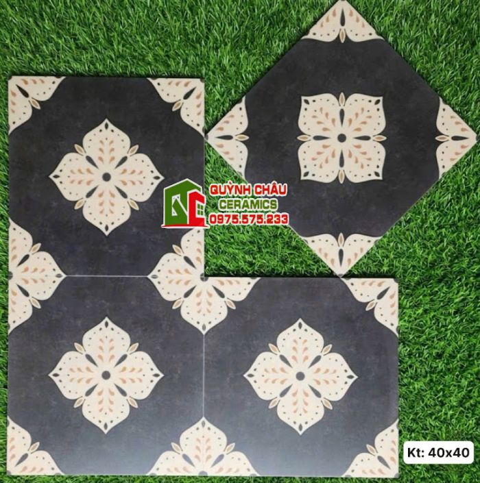 Gạch bông giả cổ điển 40x40 hoạ tiết màu đen kem đối xứng