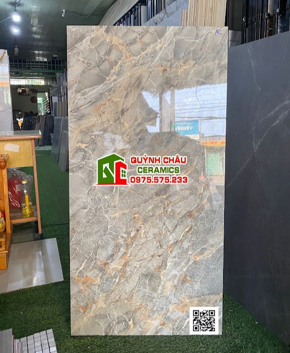 Gạch bóng kiếng 60x120 vân đá màu xám xen vàng Grey Darine stone ấn độ