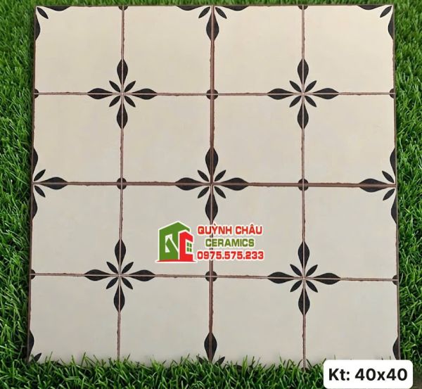 Gạch bông lát nền 40x40 hoạ tiết cánh hoa đen nền trắng kem