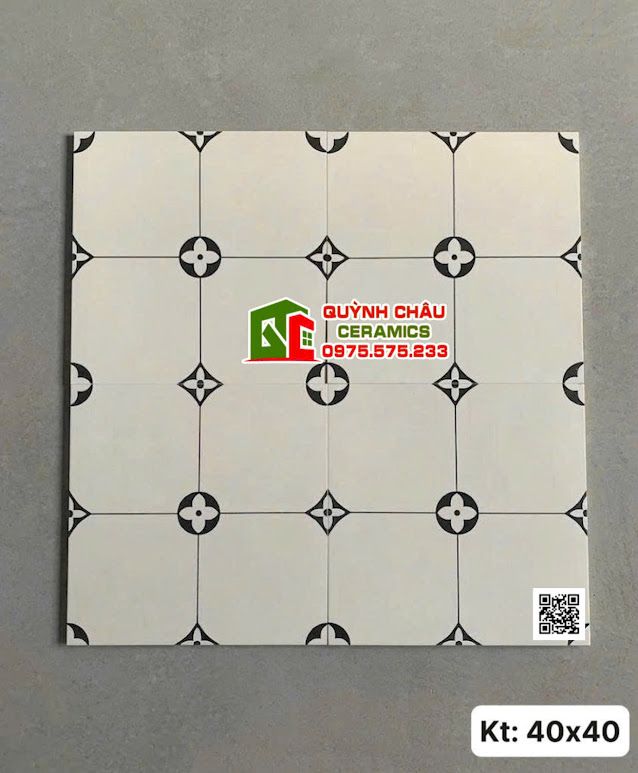 Gạch bông lát nền 40x40 trắng đen hoa văn đối xứng