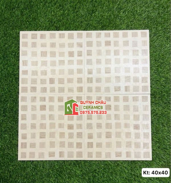 Gạch bông lát nền 40x40 vàng kem hoạ tiết caro vân gỗ