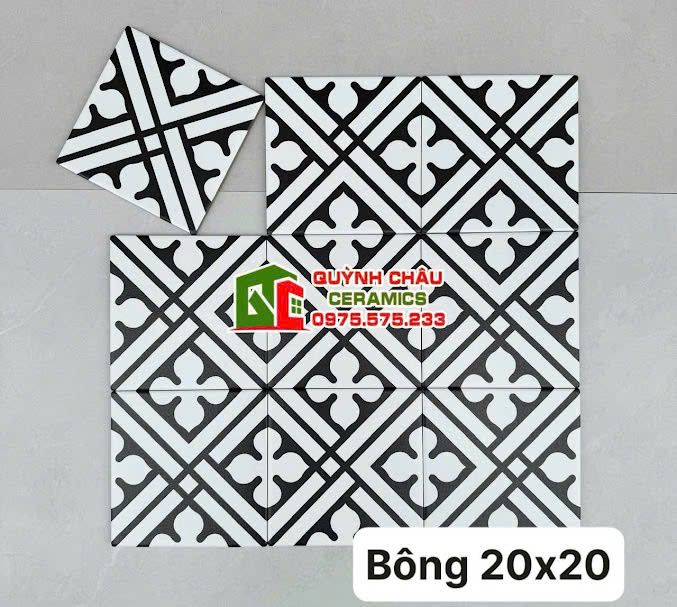 Gạch bông lát nền hoa văn đen trắng 20x20 bề mặt mờ