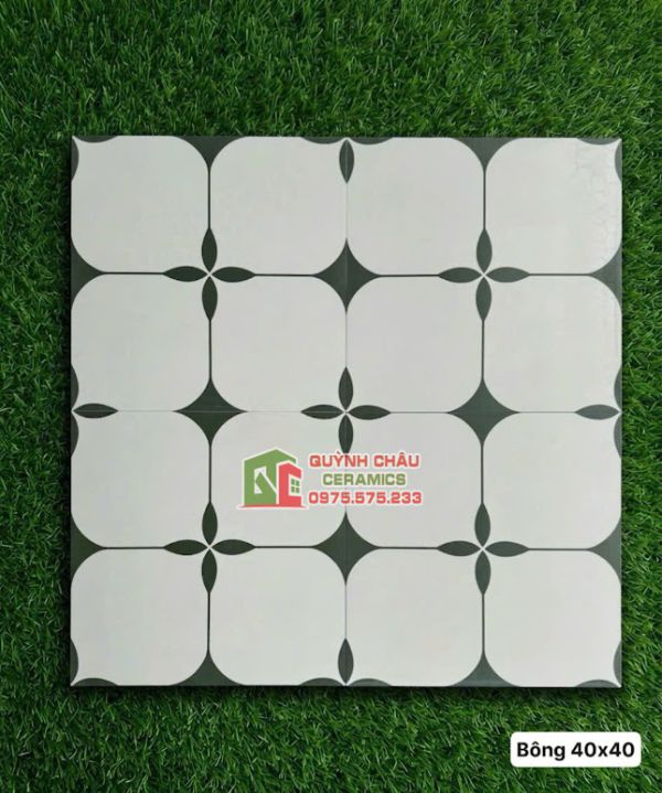 Gạch bông trắng hoa văn xanh 40x40cm