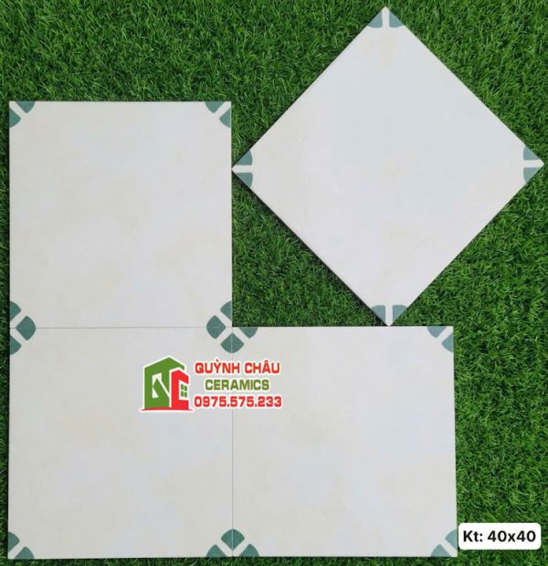 Gạch bông trắng kem 40x40 hoạ tiết hoa xanh