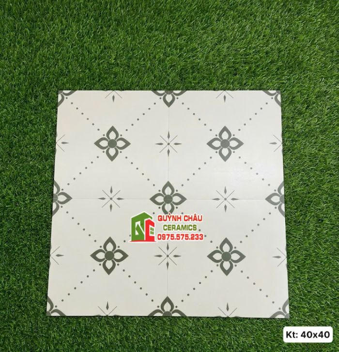 Gạch bông xương đá 40x40 hoạ tiết hoa đối xứng trắng xám