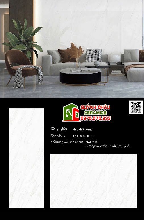 Gạch đá nung kết 120x270 trắng vân xám bóng kiếng