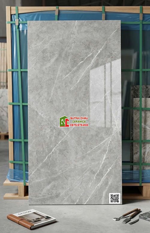 Gạch lát nền 60x120 bóng kính màu xám vân trắng sang trọng