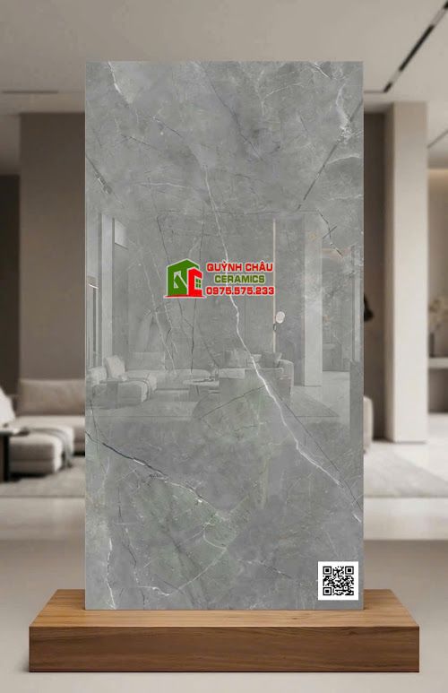 Gạch lát nền ấn độ 60x120 bóng kính màu xám vân trắng sang trọng