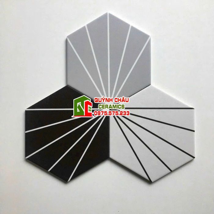 Gạch lục giác 5 tia cánh quạt màu ghi xám đen trắng