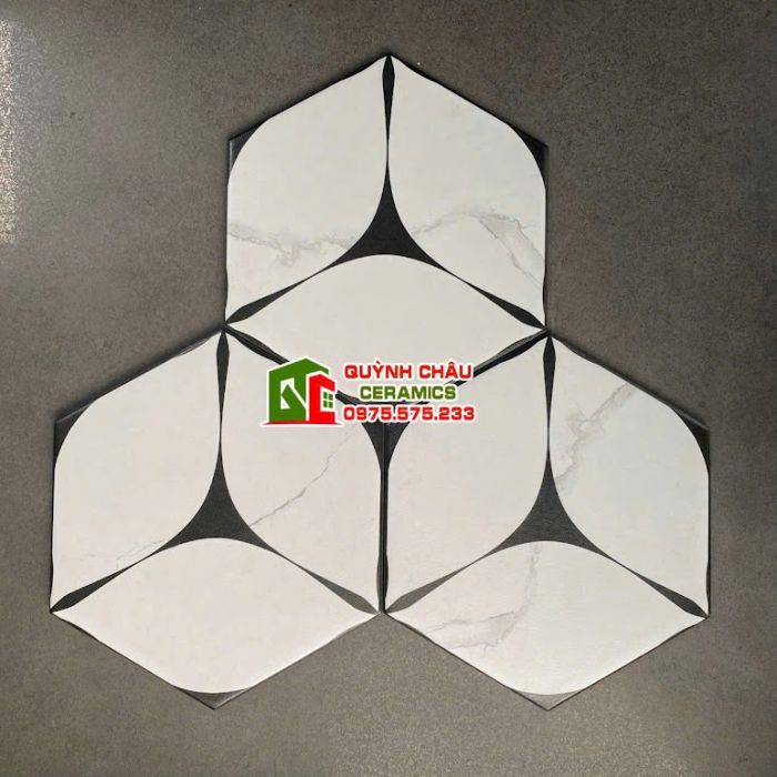 Gạch lục giác carrara trắng vân đá xám tia đen