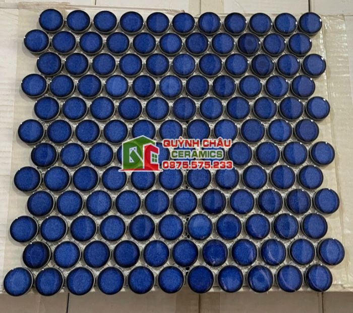Gạch mosaic chấm bi tròn xanh dương bóng