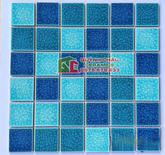 Gạch mosaic hồ bơi men rạn 2 lớp mix màu xanh