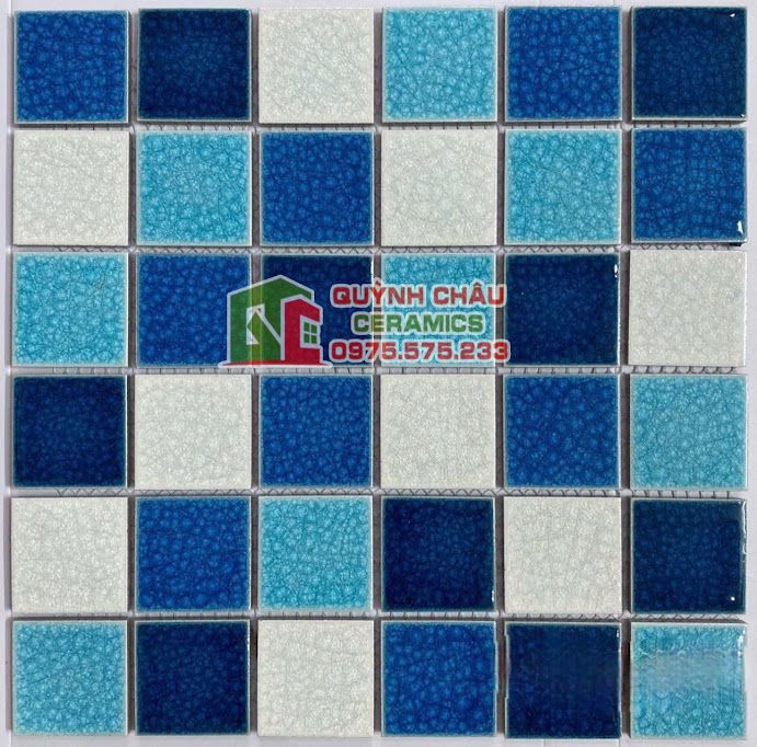 Gạch mosaic hồ bơi xanh men rạn mix màu