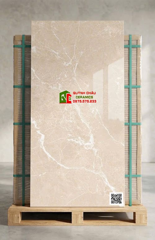 Gạch ốp lát 60x120 màu vàng kem vân trắng bóng kính