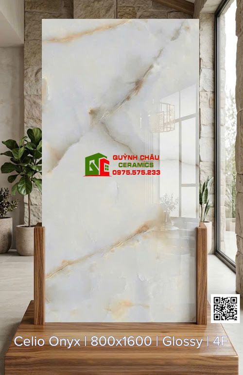 Gạch ốp lát 80x160 vân đá Onyx kem vàng nâu nhạt 