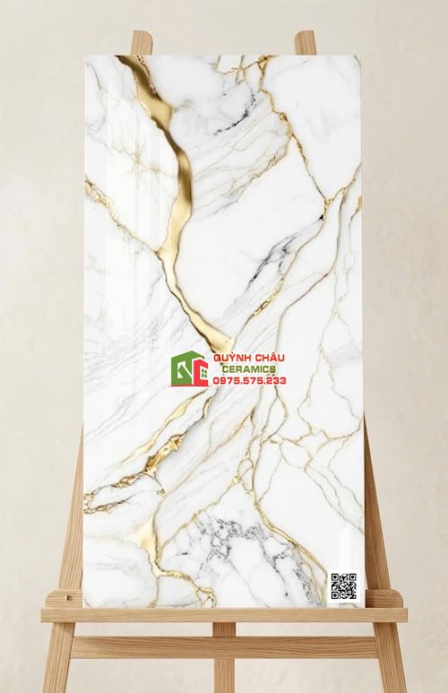 Gạch ốp lát ấn độ 60x120 bóng kính trắng vân vàng đẹp