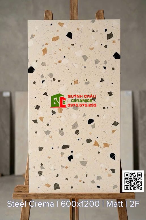 Gạch Terrazzo 60x120 mờ màu kem vân đá hạt to