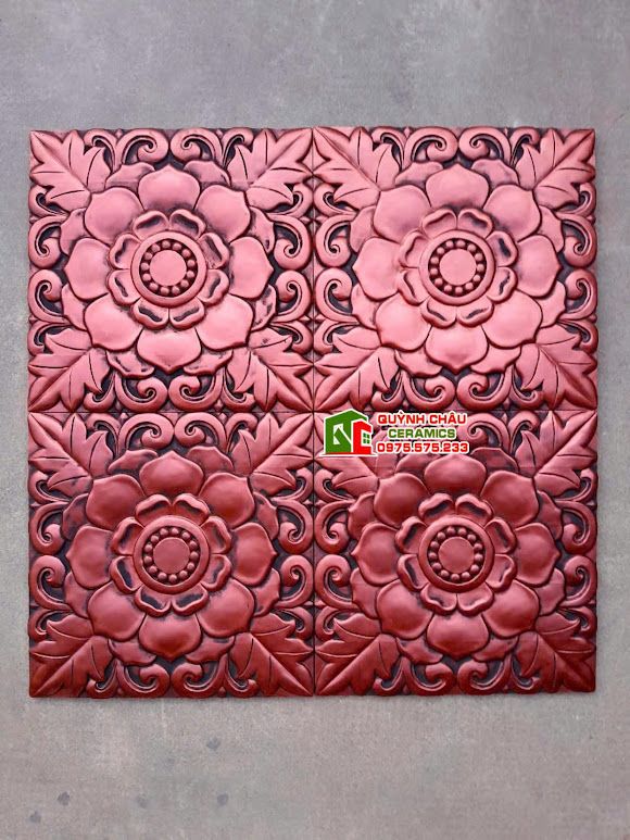 Gạch trang trí 40x40 họa tiết bông hông đỏ mận đậm giả cổ