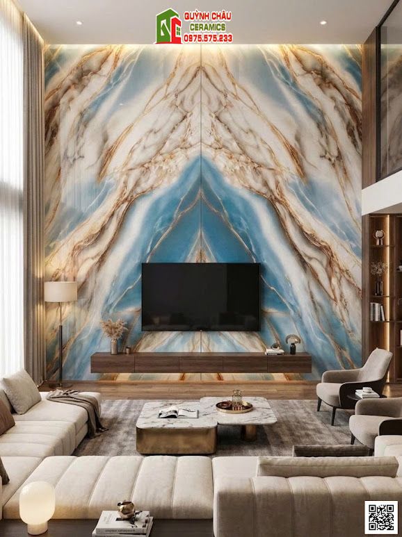 Mẫu gạch ốp lát 80x160 vân đối xứng xanh dương xen vàng ngọc đẹp