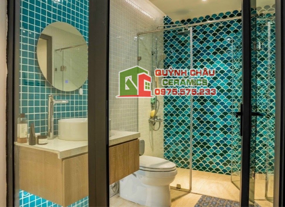 gạch mosaic men rạn hình vảy cá màu xanh