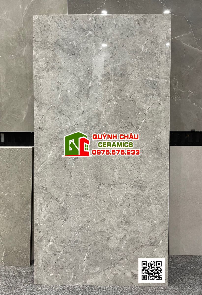 Gạch lát nền 600x1200 vân đá rạn màu xám bóng kiếng