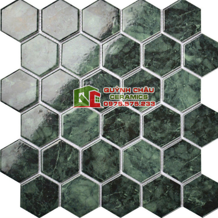 gạch mosaic lục giác màu xanh rêu vân đá