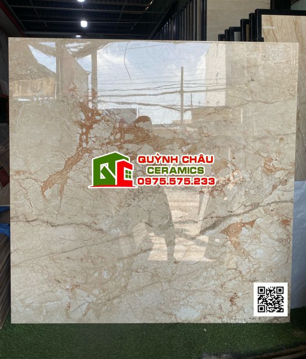 Gạch lát nền 120x120 ấn độ màu kem vân đá xám điểm vàng otober crema bề mặt bóng