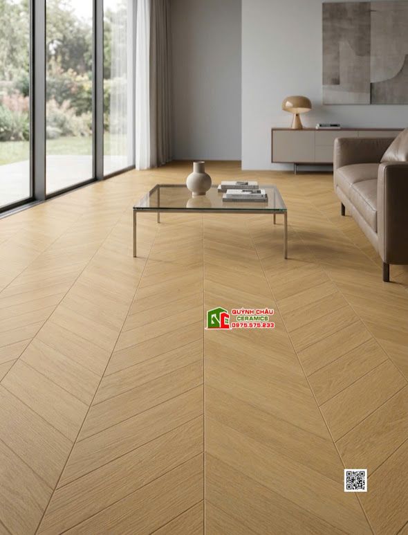 Gạch 60x120 lát phòng khách giả gỗ vân xương cá đẹp