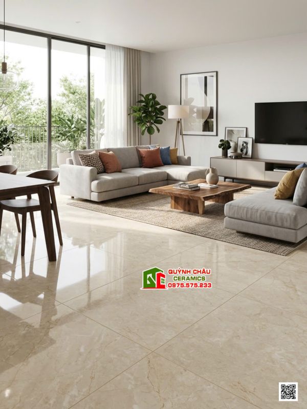 Gạch lát phòng khách 120x120cm vàng Beige vân đá bóng kiếng