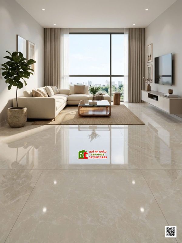 Gạch lát nền ấn độ 120x120cm màu vàng kem nhạt bóng kiếng