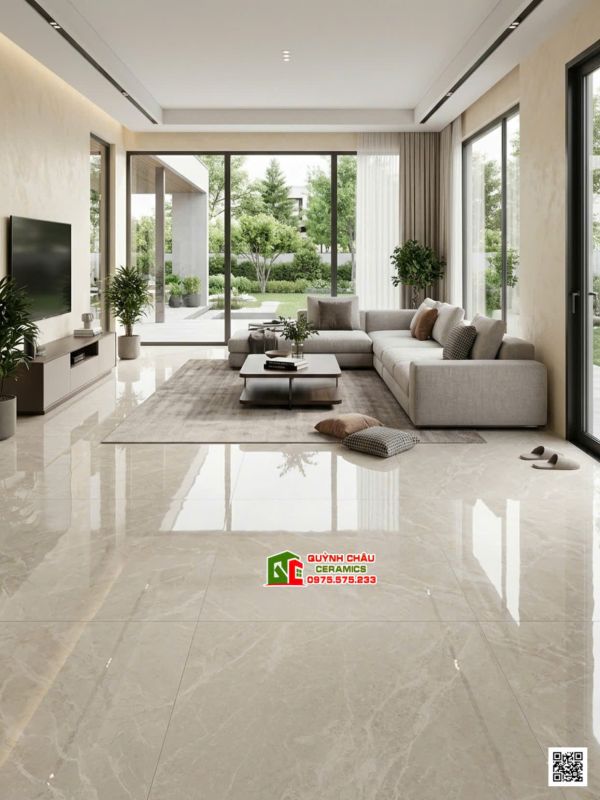 Gạch lát nền phòng khách 120x120cm xám nhạt vân đá bóng kiếng