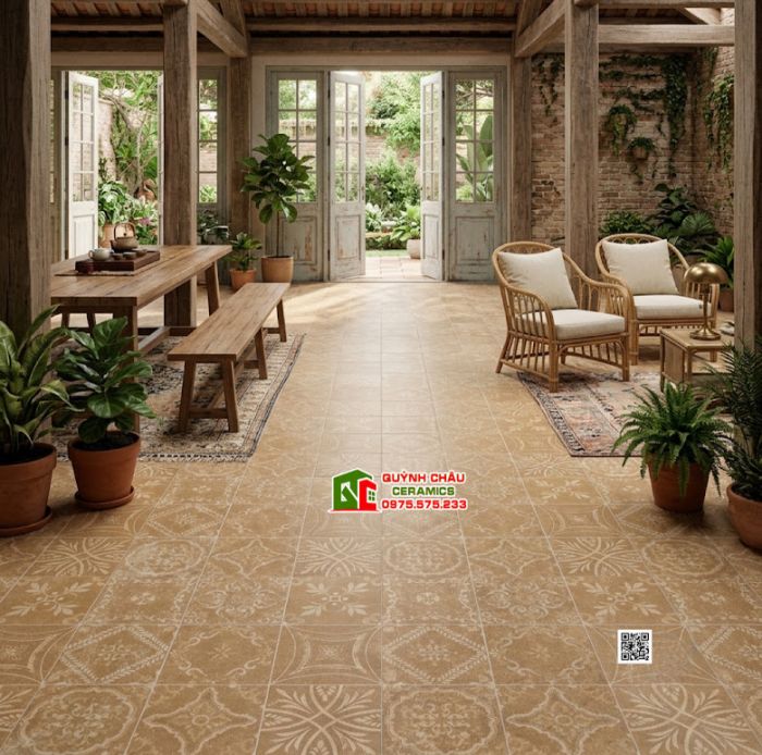 Gạch bông 40x40 cổ điển trang trí decor họa tiết màu đất nung nhạt