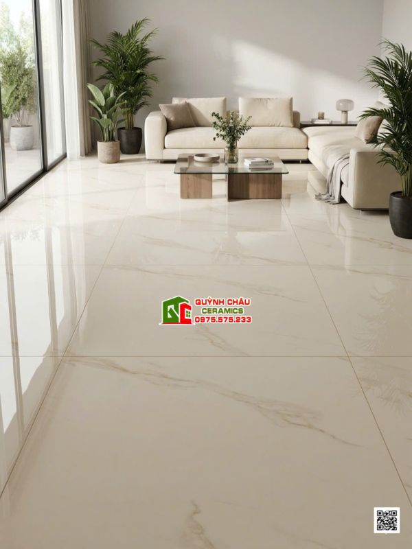 Gạch lát nền ấn độ 100x100 màu trắng kem vân đá sang trọng