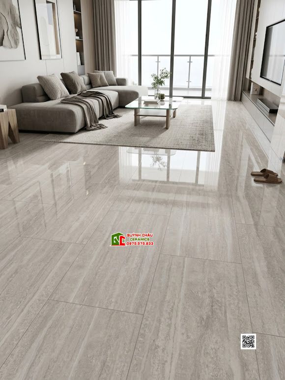 Gạch 60x120 Travertine vân đá xám nhạt bóng kiếng