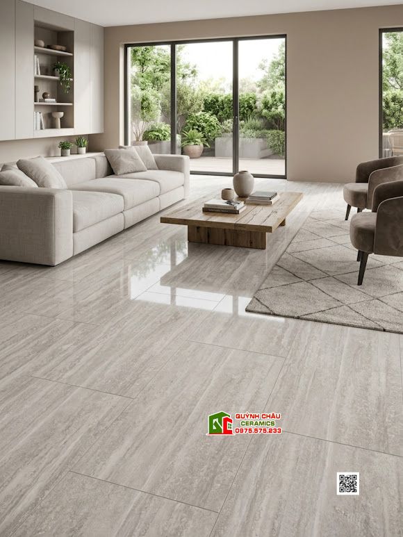Gạch 60x120 Travertine vân đá xám nhạt bóng kiếng