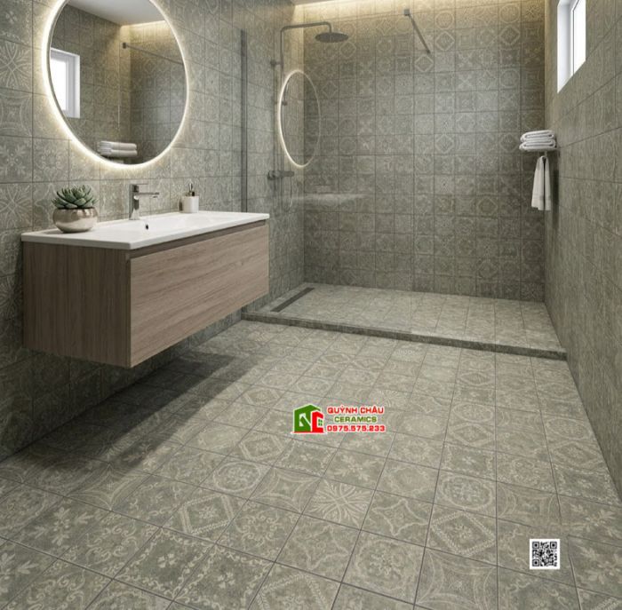Gạch bông 40x40 phong cách cổ điển hoa văn màu xanh rêu