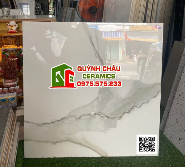 Gạch lát nền ấn độ Calcutta Nueva 80x80 trắng vân vệt xám to đá bóng 5056
