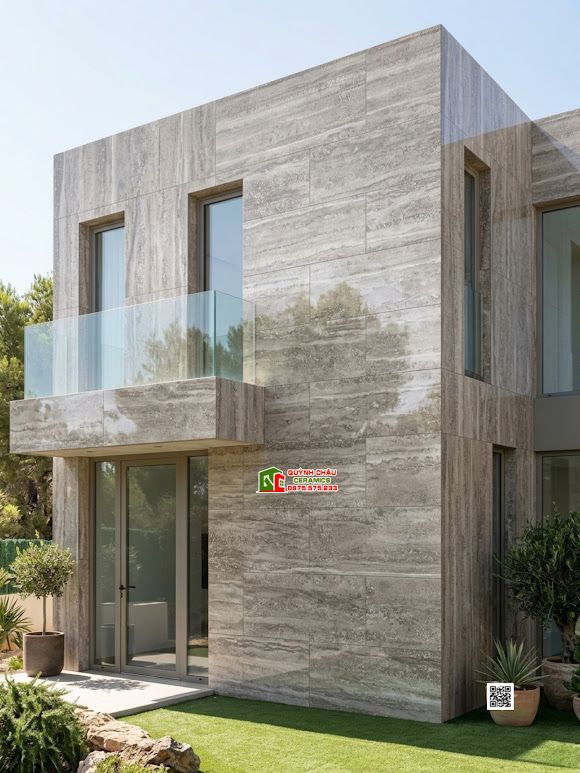 Gạch Travertine giả đá màu xám đậm vân dọc 60x120 bóng kiếng