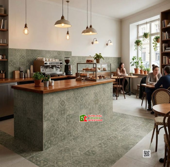 Gạch bông 40x40 phong cách cổ điển hoa văn màu xanh rêu