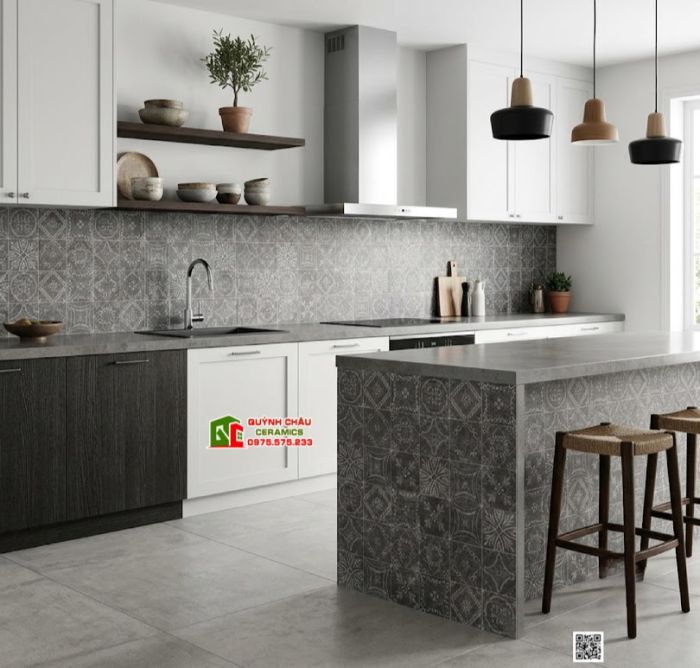 Gạch bông 40x40 hoa văn xám đen giả phong cách cổ điển