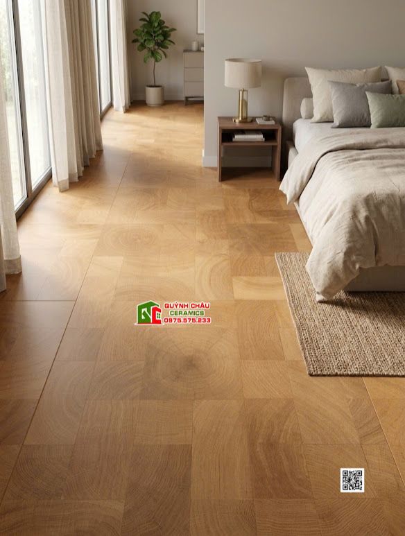 Gạch 60x120 họa tiết giả gỗ ghép khối vân tròn màu nâu vàng