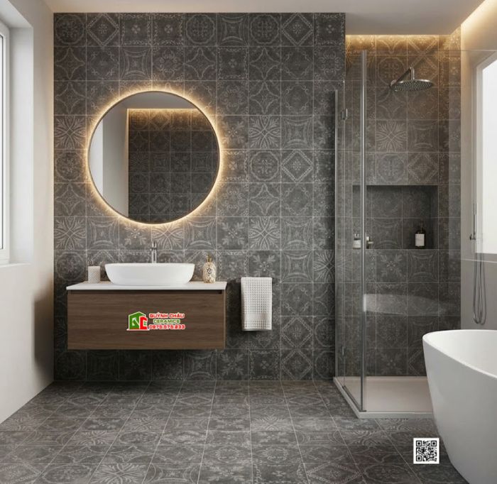 Gạch bông 40x40 hoa văn xám đen giả phong cách cổ điển
