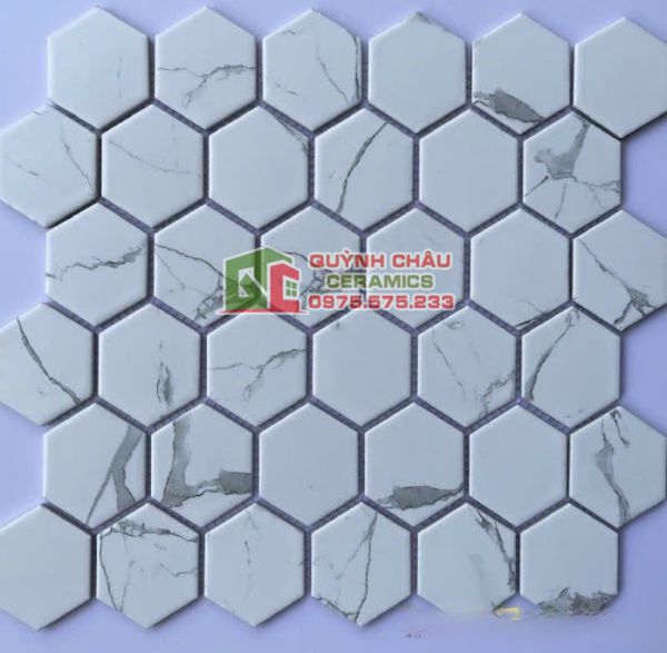 Gạch mosaic lục giác bề mặt màu trắng mờ vân đá Gạch mosaic lục giác bề mặt màu trắng mờ vân đá