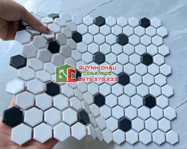 Gạch mosaic lục giác mix màu trắng đen men mờ Gạch mosaic lục giác mix màu trắng đen men mờ