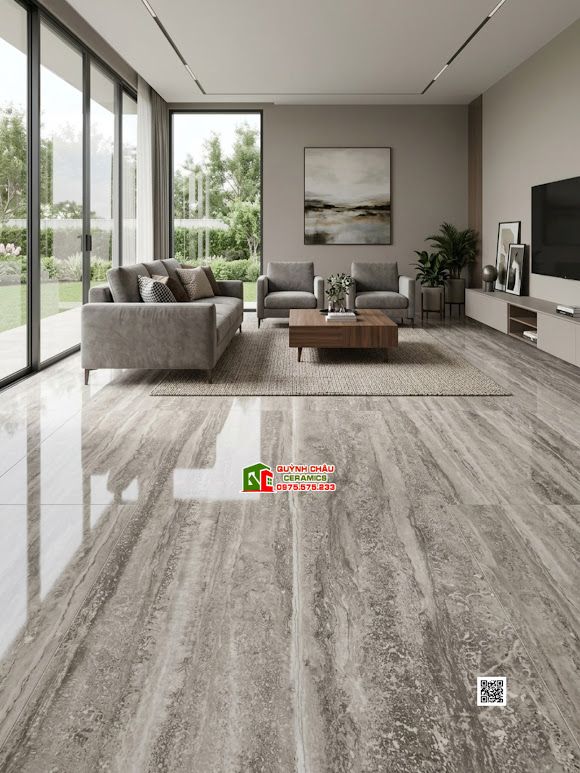 Gạch Travertine giả đá màu xám đậm vân dọc 60x120 bóng kiếng