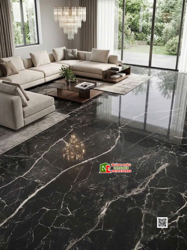 Gạch 80x160 màu đá đen vân sét trắng Lauren Black bề mặt siêu bóng