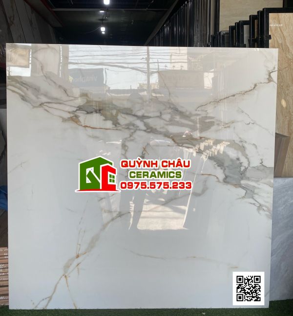 Gạch lát nền 120x120 ấn độ màu xám điểm vàng trắng vân đá Gold satuario bề mặt bóng